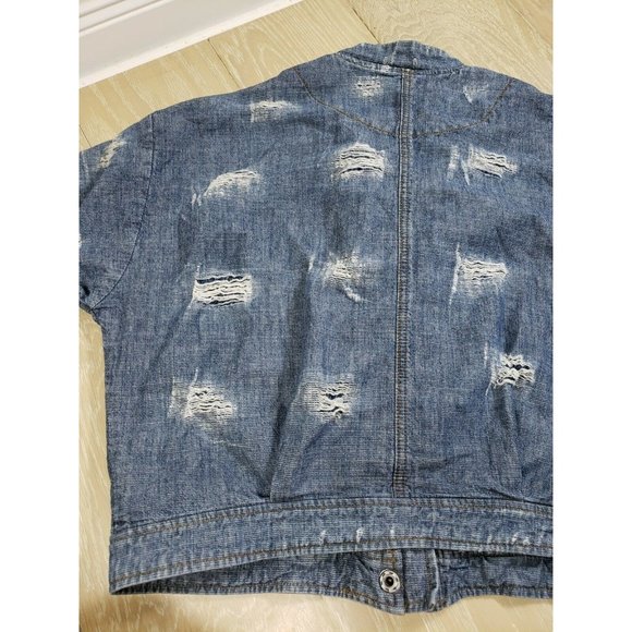 Free People Jean Jacket Women's LARGE Cotton Bomber Full Zipper Snap Distressed - Picture 10 of 10
